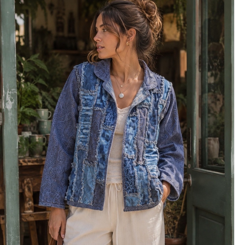 Handmade Patchwork Jacket Women L Blue Quilted Rag Style Artisan Boho Chore Coat